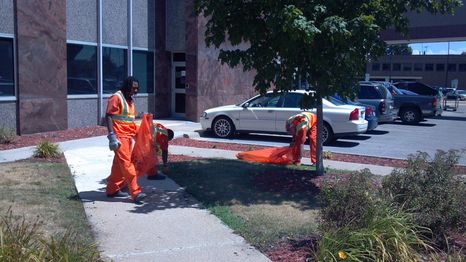 Inmates cleaning up weeds outside the courthouse